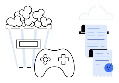 Bir patlamış mısır kovasının siyah beyaz vektörü, bir oyun kontrolörü ve minimalist tarzda bulutlu bir yapılacaklar listesi. Boş zaman, hobi, üretkenlik, organizasyon, multimedya faaliyetleri için ideal