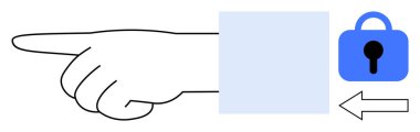 Güvenlik ve yön kavramını vurgulayan bir ok ile sol elle mavi kilit simgesini işaret ediyor. Navigasyon, güvenlik sistemleri, rehberler, gizlilik, dijital güvenlik için ideal