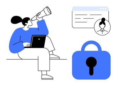 Kadın dizüstü bilgisayar kullanırken teleskoptan bakıyor. Yakınlarda bir web profili penceresi ve büyük bir kilit sembolü var. Çevrimiçi gizlilik, siber güvenlik, kullanıcı kimlik denetimi, dijital kimlik ve veri için ideal