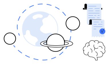 Gezegenler bir kontrol listesi ve beyin ikonu ile yörüngede dönüyorlar. Uzay bilimi, araştırma, eğitim, bilgi ve bilgi için ideal. Temiz ve asgari biçim