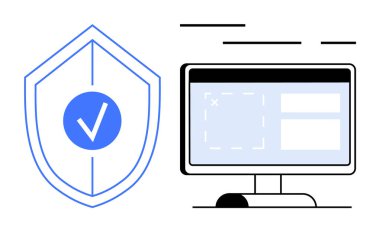 Kontrol işareti ve bilgisayar monitörü olan bir kalkan. Siber güvenlik, dijital güvenlik, çevrimiçi koruma, veri güvenliği ve güvenli tarama gibi konular için ideal. Minimalist vektör biçimi