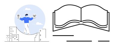 Şehir çatısı üzerinde dengede duran bir kişi gökyüzü arka planına karşı kurulmuş bir küre ve kitap tutar. Yanında açık bir kitap taslağı var. Eğitim, yaratıcılık, küresel farkındalık, öğrenme, kentsel yaşam için ideal
