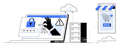 Üzerinde güvenlik simgeleri olan bir dizüstü bilgisayar, bir veri sunucusu ve alışveriş arabası olan bir akıllı telefon. Siber güvenlik, çevrimiçi alışveriş, veri koruması, e-ticaret güvenliği ve dijital mahremiyet için ideal