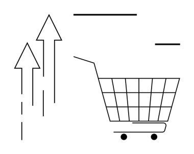 Yukarı doğru üç okla eşleştirilmiş bir alışveriş arabası. Ekonomik gelişme, satış büyümesi, iş başarısı, piyasa eğilimleri ve perakende sektörü için ideal. Minimalist siyah-beyaz biçimi
