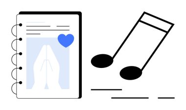 Müzik notalarının yanında dua eden elleri ve mavi kalbi olan bir defter. İnanç, müzik, günlük, maneviyat ve ibadet için ideal. Temiz, minimalist stil