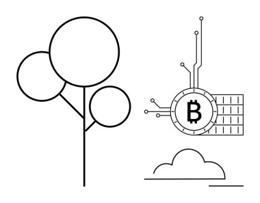 Bir minimalist tasarım basitleştirilmiş bir ağaç, devre çizgileri olan bir Bitcoin sembolü ve bir bulut sergiler. Kripto para birimi, engelleme zinciri, teknoloji, dijital finans, çevresel temalar için ideal. Basit.