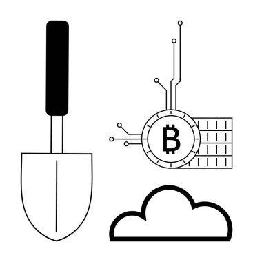 Kürek ve Bitcoin sembolü bulut şeklinin yanında elektronik devrelerle bağlantılı. Kripto para birimi, engelleme teknolojisi, bulut hesaplama, dijital ekonomi, veri madenciliği için ideal. Minimalist tasarım