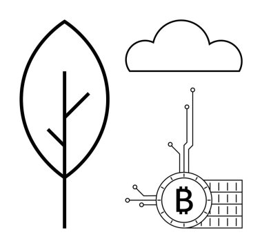 Üç sembolden oluşan siyah ve beyaz bir vektör basit bir yaprak, bir bulut ve ızgara üzerindeki devre çizgileriyle bağlantılı bir Bitcoin para birimi sembolü. Çevre, teknoloji, kripto para birimi ve doğa için ideal.
