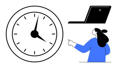 Saati gösteren dairesel saat, siyah dizüstü bilgisayarı aç, mavi elbiseli kadın işaret ediyor. Zaman yönetimi, verimlilik, programlama, uzaktan çalışma, iş verimliliği için ideal. Minimalist stil