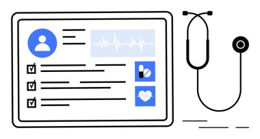 Tıbbi kayıtları, hasta bilgileri, kalp atışı grafiği, ilaç ikonları ve kontrol listeleri olan dijital ekran. Steteskopun yanında. Sağlık, tıbbi kayıtlar, dijital sağlık, teletıp için ideal