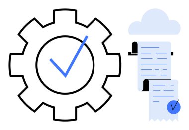 Bulutun yanında kontrol işareti olan bir dişli ve belgeler belge işlemlerinde otomasyonu vurguluyor. Teknoloji, bulut hizmetleri, verimlilik, otomasyon ve iş operasyonları için ideal. Minimalist