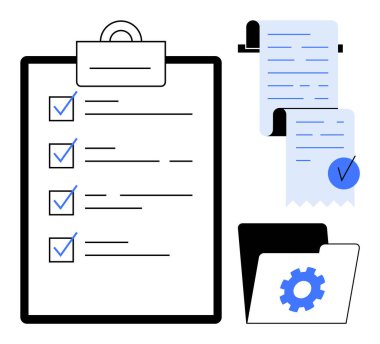 Panoda bir kontrol listesi, işaretli iki makbuz ve dişli sembollü bir dosya klasörü. İş verimliliği, görev yönetimi, organizasyon, üretkenlik araçları ve ofis için ideal