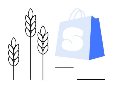 Three wheat stalks next to a blue shopping bag with an S on it. Ideal for organic food, eco-friendly products, sustainable farming, grocery shopping, and environmental awareness themes. Cartoon clipart