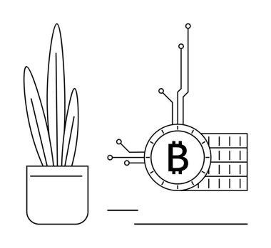 Teknolojik devrelerle yapılmış Bitcoin sembolünün yanında bir saksı bitkisini gösteren minimalist bir sanat resmi. Kripto para birimi, dijital yenilik, finans, modern dekor, teknoloji için ideal