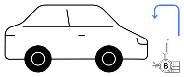 Siyah beyaz çizgilerle çizilmiş bir araba, dijital devre desenli bir bitcoin sembolüne bakıyor. Mavi ok bitcoin 'i gösteriyor. Otomotiv teknolojisi, kripto para birimi ve dijital ödemeler için ideal