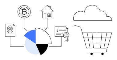 Bir turta grafiğine Bitcoin sembolü, ev, kurdeleli belge ve finans sertifikası gibi ikonlar aracılığıyla bağlı bir alışveriş arabası. Finansal teknoloji, gayrimenkul ve yatırım için ideal