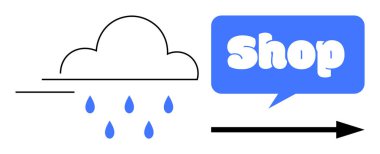 Mavi bir konuşma balonunun yanına mavi damlacıklar yağıyor. Metin atölyesi ve sağı gösteren bir ok. Hava durumu, alışveriş, rehberlik, navigasyon ve reklam temaları için ideal. Basit satır sanatı tarzı