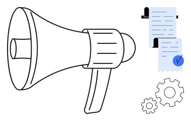 Megaphone, documents with a checkmark, and gears in a minimalistic style. Ideal for business communication, marketing, project management, process optimization, and corporate announcements clipart