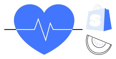Mavi kalp, ekokardiyogram, mavi alışveriş torbası ve bir dilim portakal. Sağlık, sağlık, alışveriş, beslenme ve yaşam tarzı temaları için ideal. Modern görünümlü minimalist vektör biçimi
