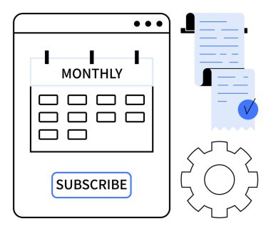Aylık olarak işaretlenmiş takvim, içinde metin, mavi işaret, vites simgesi ve abone tuşu olan bir fiş. Abonelik hizmetleri, fatura döngüleri, zaman yönetimi, otomasyon ve finans için ideal