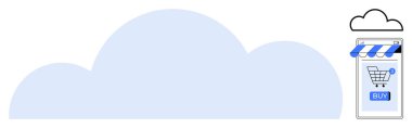 Alışveriş arabası ikonu olan mavi bir tentenin altında bir web mağazası. Bulut arkaplanı online alışveriş anlamına gelir. E-ticaret, bulut teknolojisi, çevrimiçi mağazalar, dijital pazarlama, internet hizmetleri için ideal. Düz minimal