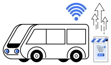 Mavi farları ve kablosuz sembolleri olan siyah beyaz bir otobüs akıllı teknolojiyi ön plana çıkarıyor. Akıllı ulaşım, dijital iletişim, IoT entegrasyonu, çevrimiçi hizmetler ve gelecek için ideal