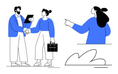 A man and a woman shaking hands while holding documents and a briefcase, with another woman pointing. Ideal for business, collaboration, teamwork, professional relationships, and communication clipart