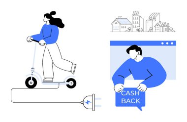Elektrikli scooter kullanan bir kişi ve web sitesinde elinde nakit para levhası tutan başka bir kişi. Sürdürülebilir ulaşım, yeşil enerji, çevrimiçi alışveriş, e-ticaret yenilikleri ve nakit para iadesi için ideal