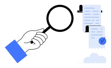 Yuvarlanmış belgelerin yanında üzerinde işaret olan bir büyüteç tutan bir el. Denetim, doğrulama, kalite kontrol, belge incelemesi ve teftiş konuları için ideal. Minimalist dijital vektör biçimi