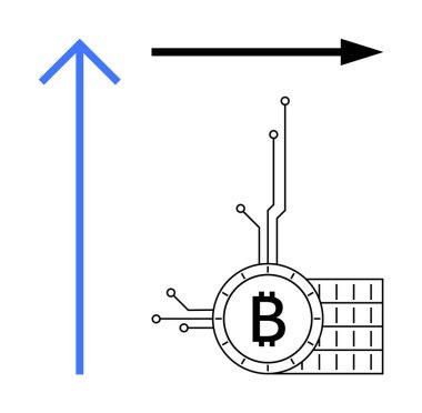 Bitcoin sembolü teknolojiyi temsil eden çizgilere bağlı, yukarı doğru mavi ok ve sağa doğru siyah ok ile. Kripto para birimi büyümesi, engelleme zinciri yeniliği ve finansal teknoloji eğilimleri için ideal