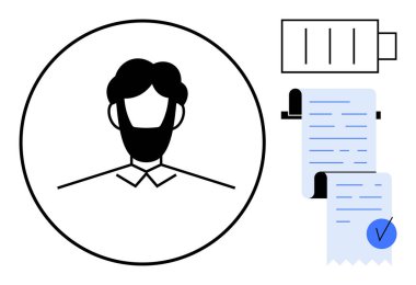 Düşük pil göstergesi ve faturalarıyla bir iş adamının profil çemberinin basit simge tarzı vektörü. İş, stres, iş hayatı dengesi, finans, üretkenlik, modern iş yeri temaları için ideal