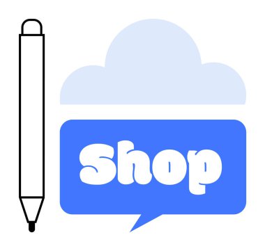 Kalem mavi konuşma baloncuğunun yanında, metin atölyesi bulutun içinde. Çevrimiçi mağazalar, e-ticaret, kırtasiye dükkanları, teknoloji platformları ve dijital pazarlama için ideal. Basit ve temiz bir biçim