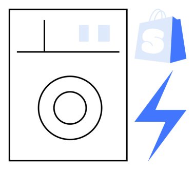 A washing machine next to a shopping bag and a lightning bolt. Ideal for technology, home appliances, online shopping, energy efficiency, and modern living themes. Minimalistic outline style clipart