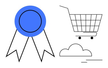 Alışveriş arabasının yanında iki kuyruklu mavi kurdele ve bir bulut. Ecommerce web siteleri, çevrimiçi alışveriş, kalite güvencesi, müşteri memnuniyeti ve dijital pazarlar için ideal. Asgari ve temiz
