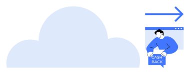 Bir web sitesine karşı elinde nakit para levhası tutan birinin yanında büyük bir bulut şekli. Ok elementleri gösteriyor. Teknoloji, bulut depolama, finansal yardımlar, çevrimiçi hizmetler, web geliştirme için ideal