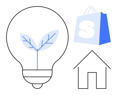 İçinde bitki olan ampul, mavi alışveriş torbası ve basit ev çizgisi. Sürdürülebilir yaşam, yeşil enerji, çevre dostu ürünler, çevresel koruma, yenilenebilir kaynaklar için ideal