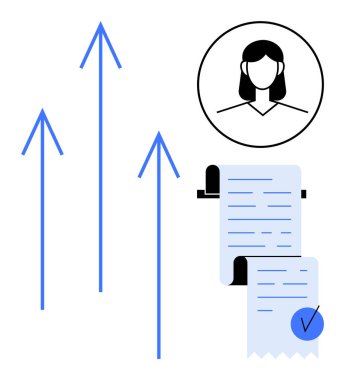 Yukarı çıkan oklar profesyonel bir kadın profili ve onay damgalı bir kontrol listesi belgesinin yanında kariyer ilerlemesini simgeler. Kariyer geliştirme, performans değerlendirmesi, kişisel büyüme için ideal