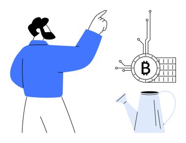 Mavi gömlekli bir kişi dijital devrelere bağlı Bitcoin ikonunu işaret ediyor. Aşağıda beyaz bir sulama kutusu var. Teknoloji finansmanı için ideal kripto para birimi engelleme zinciri dijital büyümesi