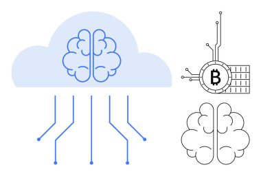 Beyin diyagramına sahip bulut ve bulut hesaplamasını sembolize eden bağlantı çizgileri. Sağ tarafta, devrelerle bağlı bir Bitcoin sembolü ve bir Standalone beyin ikonu içeren bir engelleme zinciri konsepti var. Teknoloji için ideal