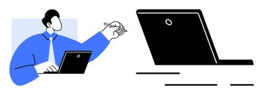 Mavi elbiseli bir profesyonel dizüstü bilgisayarı olan bir stilus kalem kullanıyor. Uzaktan çalışma, çevrimiçi toplantılar, dijital işbirliği, teknoloji kullanımı, profesyonel ortamlar için ideal. Basit ve temiz bir biçim