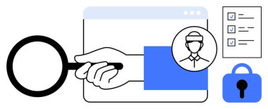 Bir tarayıcı penceresinin üzerinde büyüteçle el ele tutuşmak. Tanımlanmış kullanıcı simgesi, kontrol listesi ve kilit simgesi görünür. Çevrimiçi güvenlik, veri gizliliği, kimlik tespiti, arama optimizasyonu ve kullanıcı için ideal