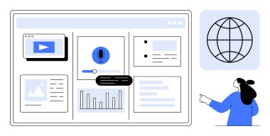 Video oynatıcı, mikrofon, grafikler ve metin ile dijital çalışma alanı, bir dünya ikonu ve işaret eden kişinin yanında. Teknoloji, dijital iletişim, üretkenlik, veri görselleştirme için ideal