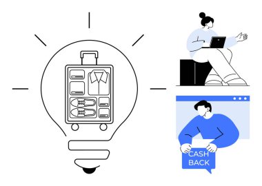 Ampul, içinde düzenli seyahat malzemeleri olan bavul, dizüstü bilgisayarda çalışan kişi ve nakit para alan kişi. Seyahat planlama, organizasyon, verimlilik, online alışveriş ve akıllı