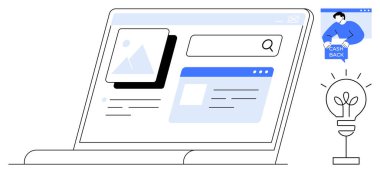 Arama çubuğu ve web sayfası yerleşimi olan bir web sitesi gösteren bir dizüstü bilgisayar. Bunun yanında, nakit para tekliflerini ve bir ampul sembolünü vurgulayan bir kişi. Web tasarımı için ideal, çevrimiçi iş, e-ticaret, dijital