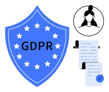 Yıldızlı mavi kalkan ve GDPR metni, kullanıcı profili simgesi ve işaretli kontrol listesi. Veri koruması, gizlilik uyumu, yönetmelik, siber güvenlik ve yasal belgeler için ideal. Düz