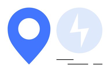 Minimalist mavi lokasyon iğnesi, altında siyah çizgiler olan bir çemberin içindeki açık mavi yıldırım simgesinin yanında. Navigasyon uygulamaları için ideal seyahat enerji teması teknolojisi