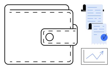 Cüzdan, makbuzlar ve bir grafik vurgulanarak mali yönetim, işlemler, bütçe izleme, gider takibi ve tasarrufları sembolize ediyor. Finansal planlama, kişisel finans ve muhasebe için ideal