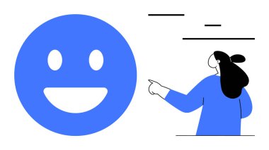 Solda büyük mavi bir gülen yüz ve sağda üzerinde küçük çizgiler olan bir kadın. İletişim teşvik motivasyonu için idealdir pozitiflik ve duygularını ifade etmek için. Modern daire