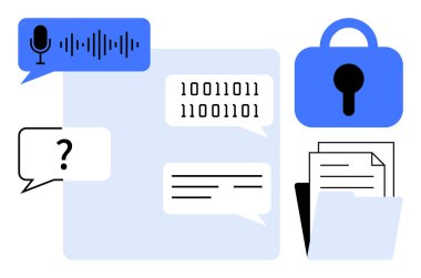 Konuşma baloncukları, kilit simgesi, ikili kod, dosyalar ve ses dalgası gibi çeşitli elementleri gösteren modern tasarım. Siber güvenlik, veri şifreleme, dijital iletişim, gizlilik koruması için ideal