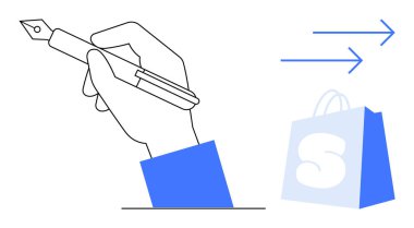 Bir alışveriş çantası ve yön oklarıyla yazmaya hazır bir kalem tutuyorum. E-ticaret, çevrimiçi alışveriş, yazı, iş ve asgari tasarım temaları için ideal. Basit ve temiz bir biçim